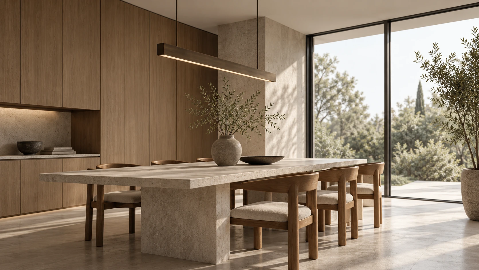 Eetkamer met een stenen tafel, een eiken wand en een bronzen hanglamp