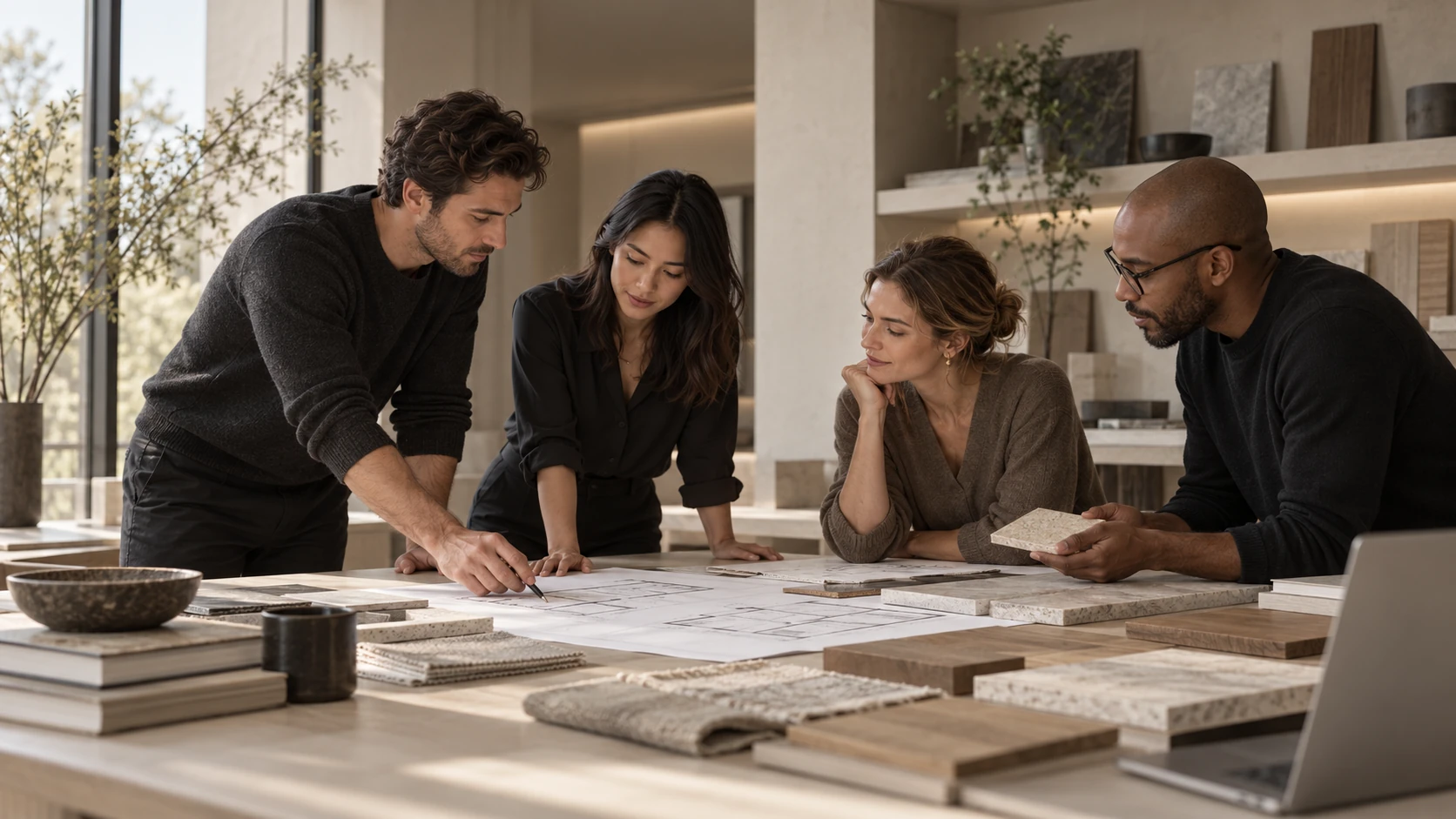 Het ontwerpteam bespreekt tekeningen en materiaalstalen aan een tafel